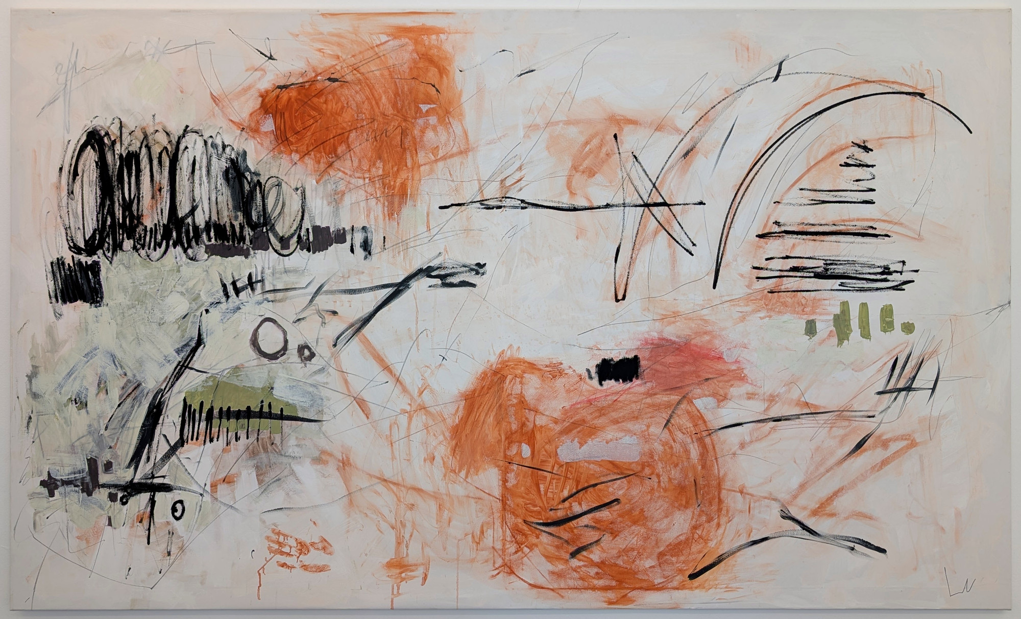 Wide pale painting with orange gestures, black lines and small green marks.