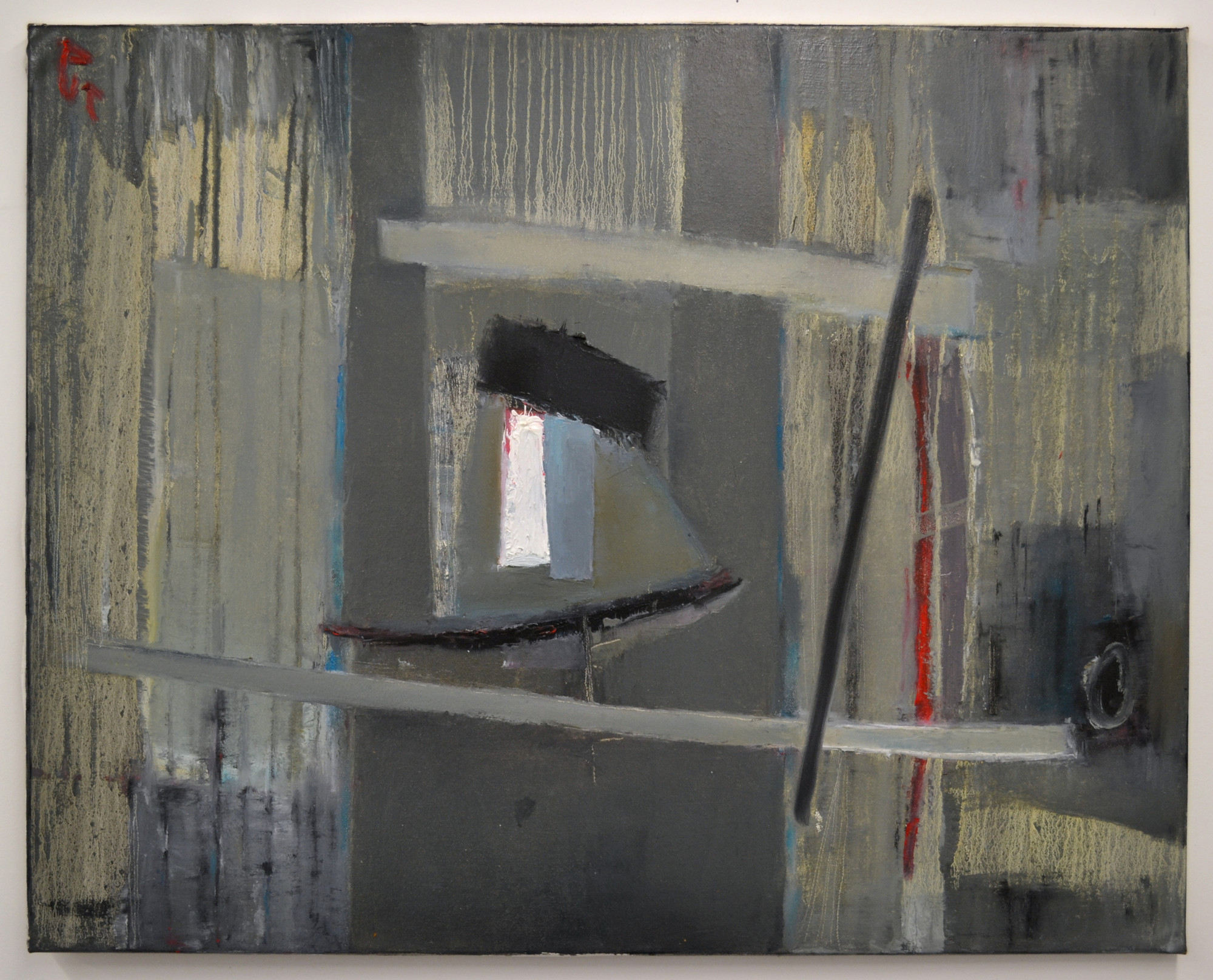 Grey abstract painting with an angular central opening, long linear strokes and muted ochre, blue and red accents.