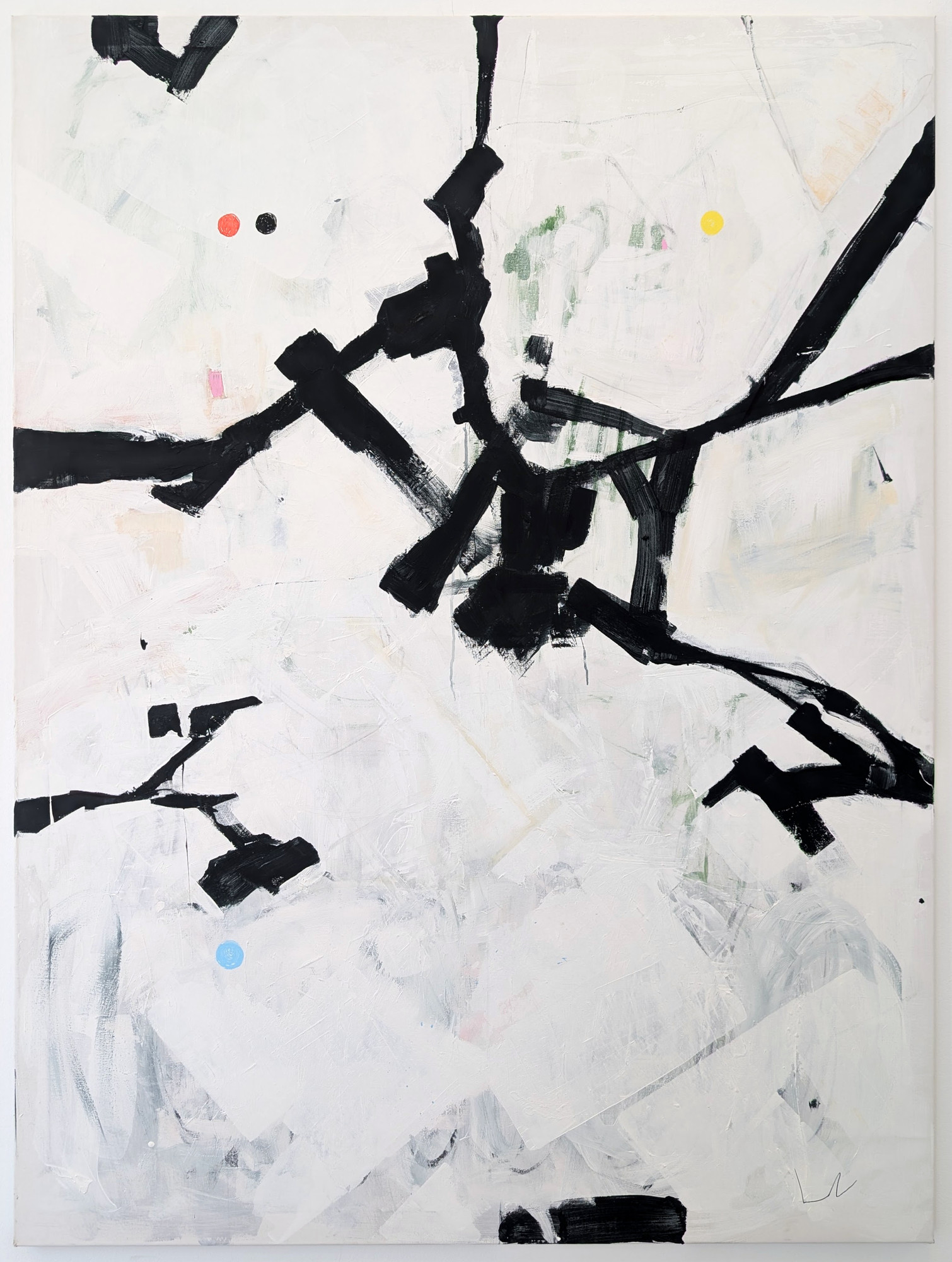 Tall pale painting crossed by broad branching black gestures, with small coloured circles.