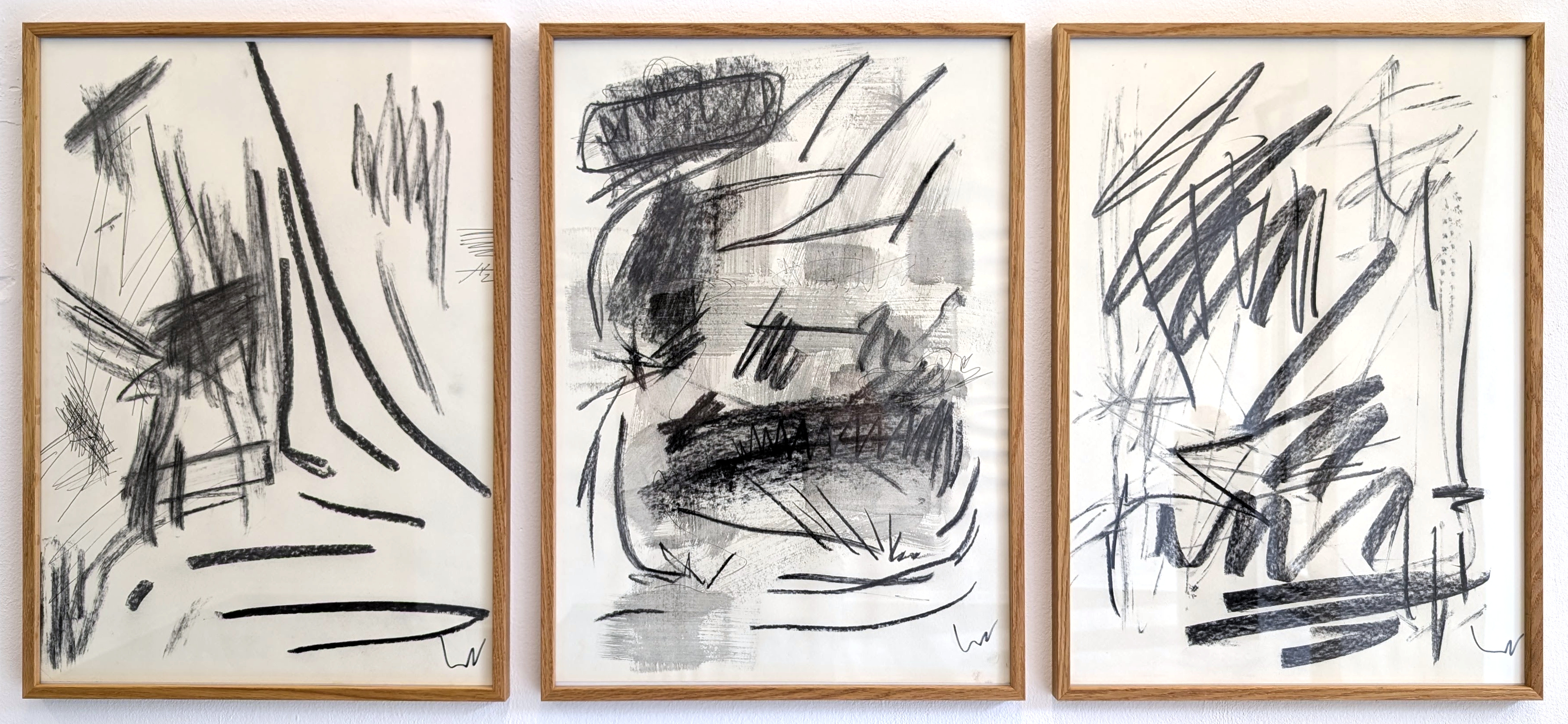 NOBU charcoal triptych, all three framed panels shown together in their original left-to-right order.